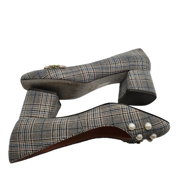 J Crew Celia Pumps Jeweled Glen Plaid Block Heel Plaid Rhinestone Pearl 9.5 - Picture 12 of 13